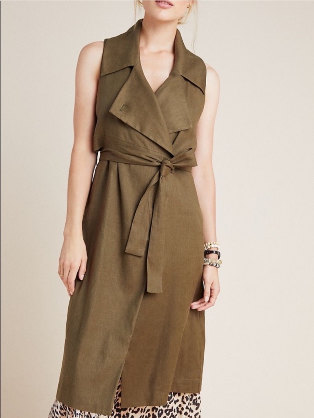 Anthropologie Hollis Linen Blend Trench Coat Vest Tie Front Green Sz Small